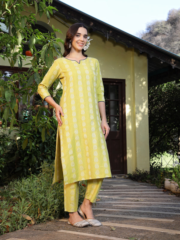 Stylum Women's Lime Green Woven Design Cotton Blend Straight Kurta Pant Set (KPLIMESHIMLA)