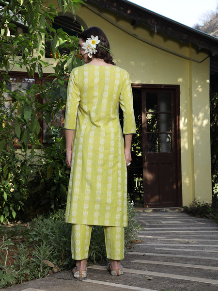 Stylum Women's Lime Green Woven Design Cotton Blend Straight Kurta Pant Set (KPLIMESHIMLA)