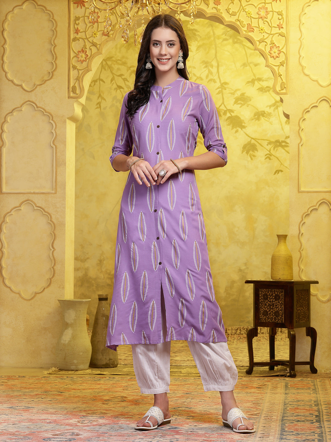 Stylum Women's Lavender Printed Rayon A-Line Kurta Pant Set (KPMANALILAVENDER)