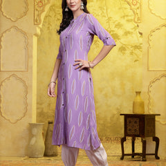 Stylum Women's Lavender Printed Rayon A-Line Kurta Pant Set (KPMANALILAVENDER)