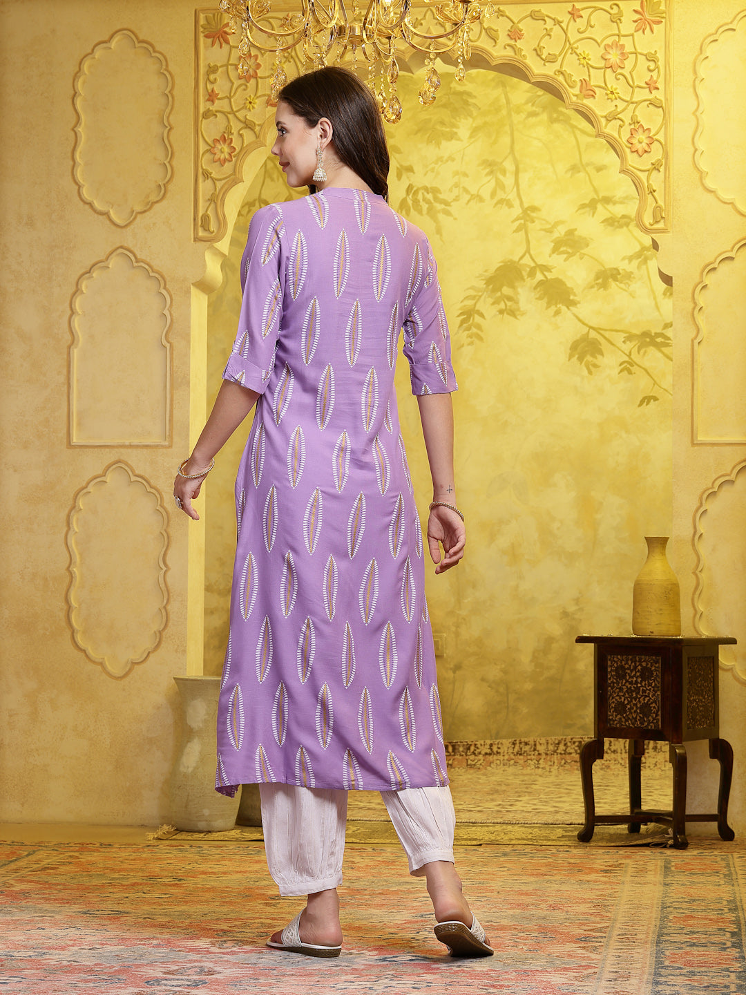 Stylum Women's Lavender Printed Rayon A-Line Kurta Pant Set (KPMANALILAVENDER)