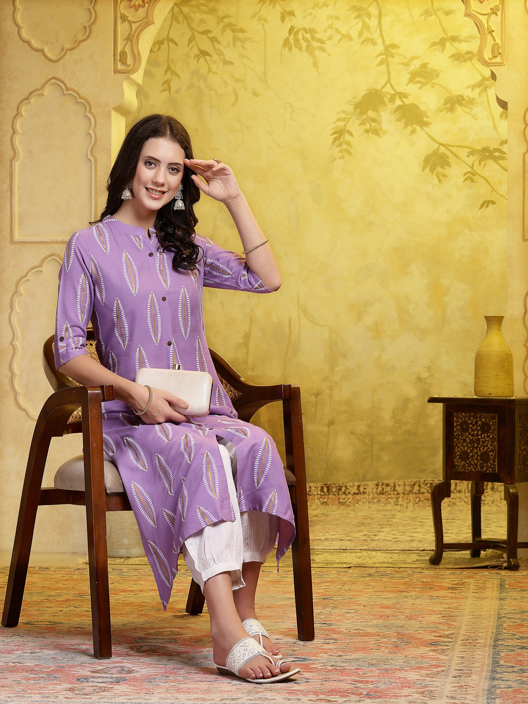 Stylum Women's Lavender Printed Rayon A-Line Kurta Pant Set (KPMANALILAVENDER)