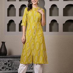 Stylum Women's Mustard Printed Rayon A-Line Kurta Pant Set (KPMANALIMUSTARD)