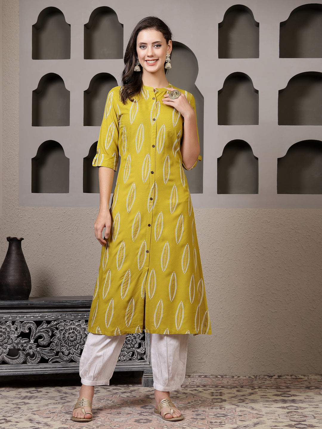 Stylum Women's Mustard Printed Rayon A-Line Kurta Pant Set (KPMANALIMUSTARD)