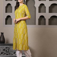 Stylum Women's Mustard Printed Rayon A-Line Kurta Pant Set (KPMANALIMUSTARD)