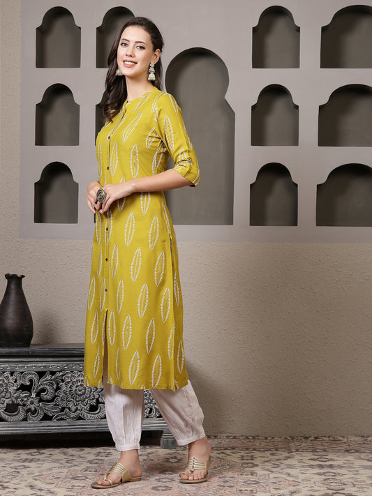 Stylum Women's Mustard Printed Rayon A-Line Kurta Pant Set (KPMANALIMUSTARD)