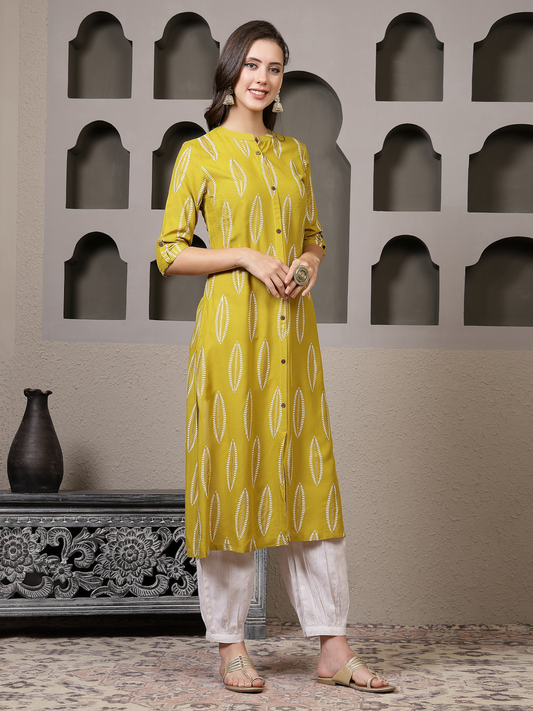 Stylum Women's Mustard Printed Rayon A-Line Kurta Pant Set (KPMANALIMUSTARD)