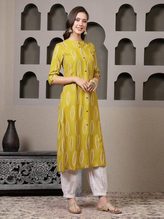 Stylum Women's Mustard Printed Rayon A-Line Kurta Pant Set (KPMANALIMUSTARD)