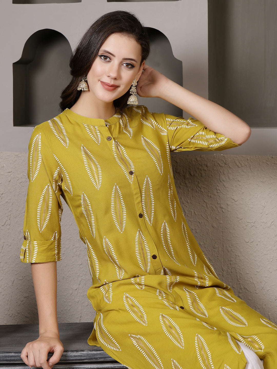 Stylum Women's Mustard Printed Rayon A-Line Kurta Pant Set (KPMANALIMUSTARD)