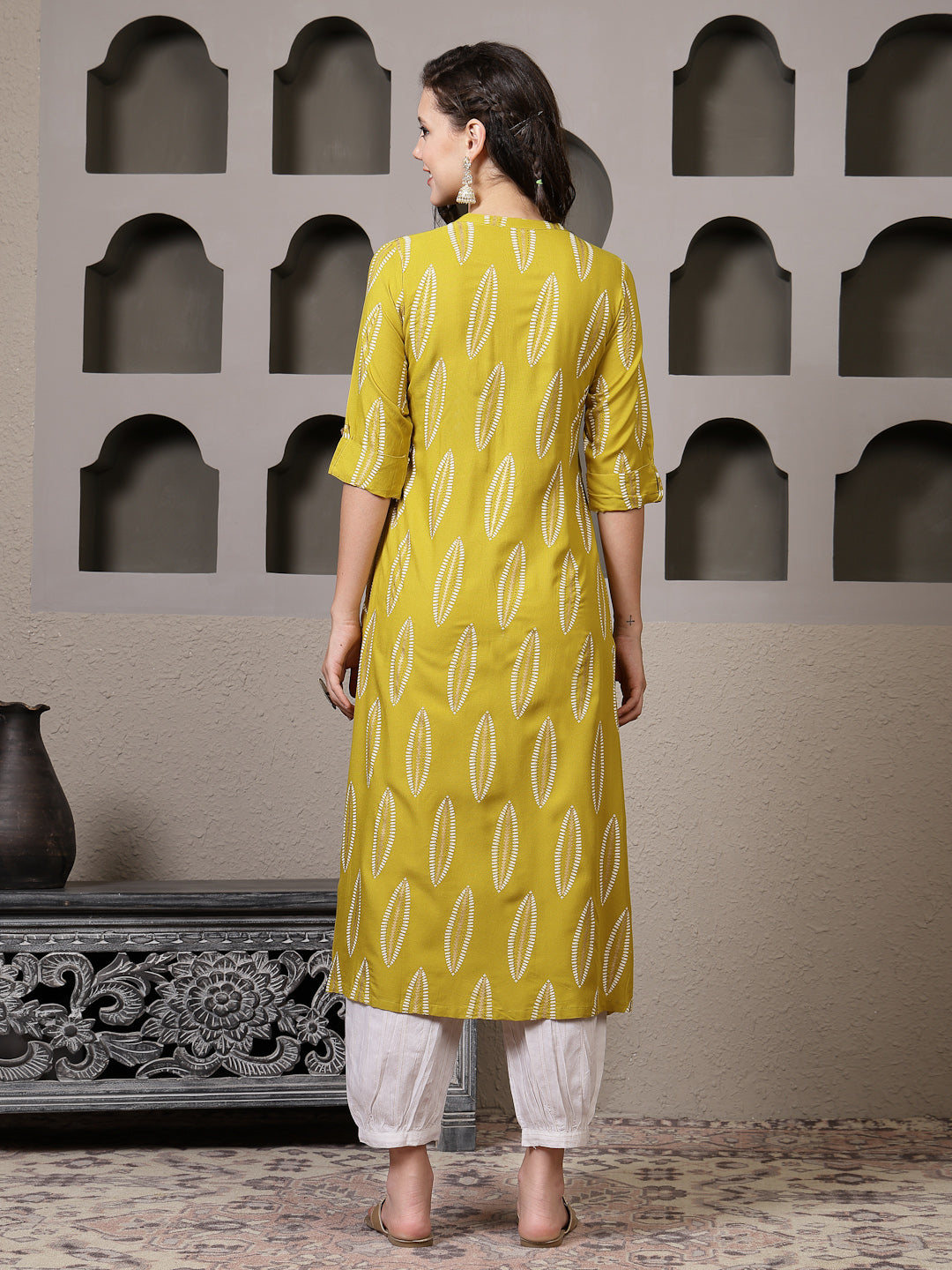 Stylum Women's Mustard Printed Rayon A-Line Kurta Pant Set (KPMANALIMUSTARD)