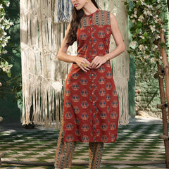 Stylum Women's Maroon Ajrakh Printed Cotton Straight Kurta Pant Set (KPMAROONANJAW)