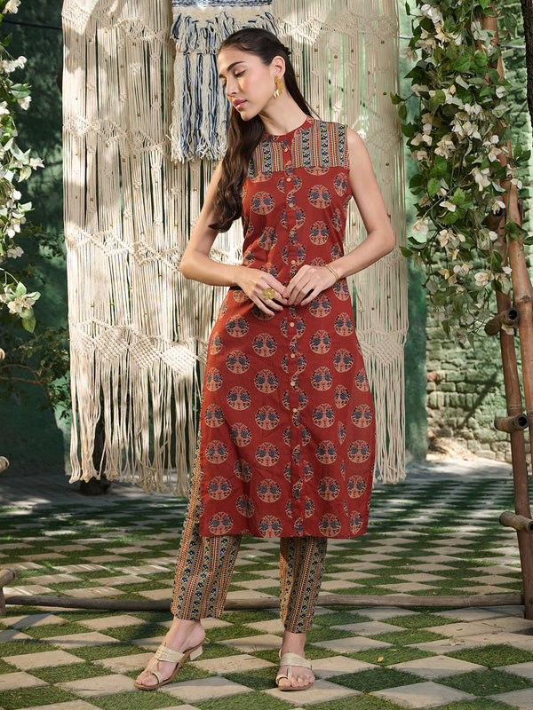 Stylum Women's Maroon Ajrakh Printed Cotton Straight Kurta Pant Set (KPMAROONANJAW)