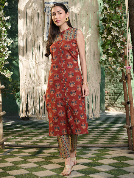 Stylum Women's Maroon Ajrakh Printed Cotton Straight Kurta Pant Set (KPMAROONANJAW)