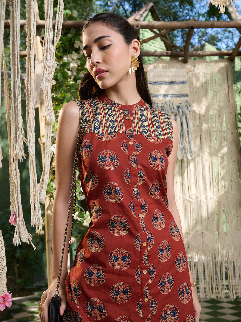 Stylum Women's Maroon Ajrakh Printed Cotton Straight Kurta Pant Set (KPMAROONANJAW)