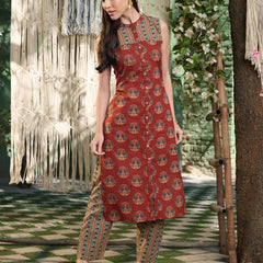 Stylum Women's Maroon Ajrakh Printed Cotton Straight Kurta Pant Set (KPMAROONANJAW)