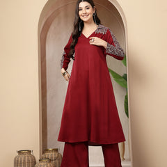 Stylum Women's Maroon Solid Crepe A-Line Kurta Pant Set (KPMAROONKOTA)