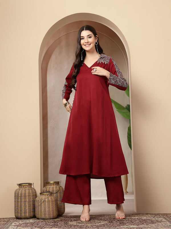 Stylum Women's Maroon Solid Crepe A-Line Kurta Pant Set (KPMAROONKOTA)