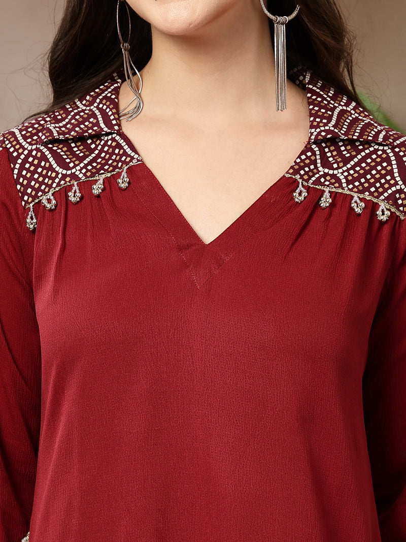 Stylum Women's Maroon Solid Crepe A-Line Kurta Pant Set (KPMAROONKOTA)