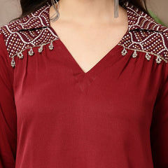 Stylum Women's Maroon Solid Crepe A-Line Kurta Pant Set (KPMAROONKOTA)