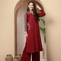 Stylum Women's Maroon Solid Crepe A-Line Kurta Pant Set (KPMAROONKOTA)