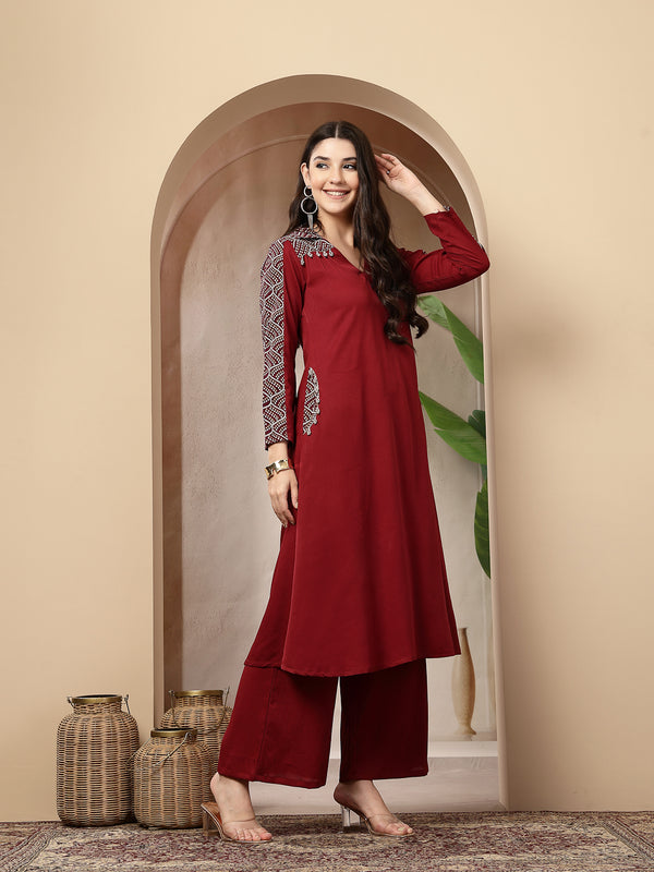 Stylum Women's Maroon Solid Crepe A-Line Kurta Pant Set (KPMAROONKOTA)