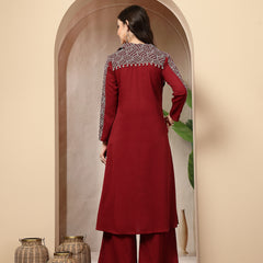 Stylum Women's Maroon Solid Crepe A-Line Kurta Pant Set (KPMAROONKOTA)