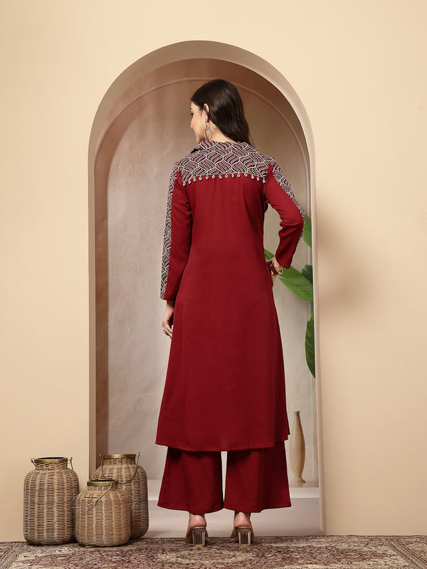 Stylum Women's Maroon Solid Crepe A-Line Kurta Pant Set (KPMAROONKOTA)