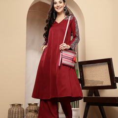 Stylum Women's Maroon Solid Crepe A-Line Kurta Pant Set (KPMAROONKOTA)