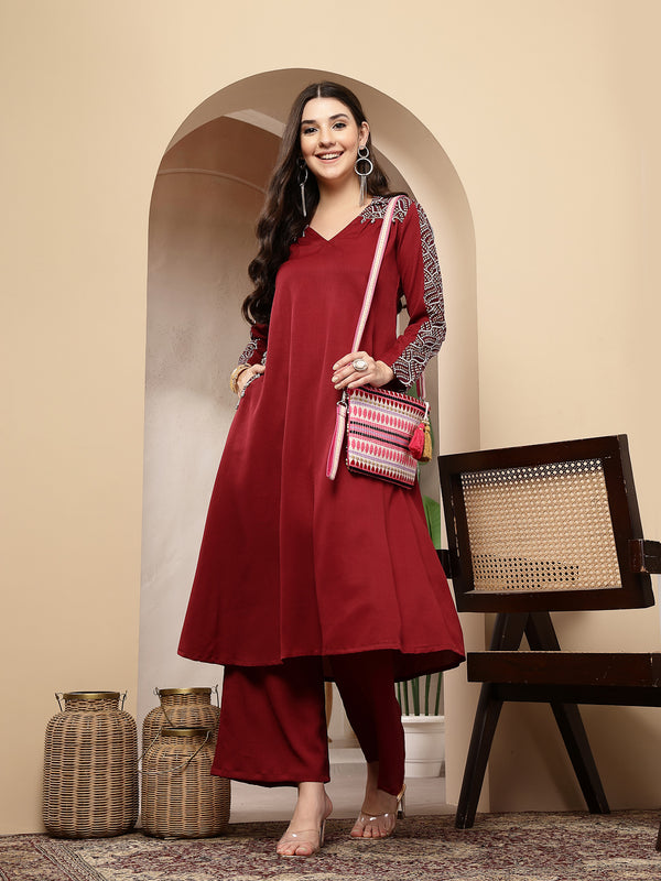 Stylum Women's Maroon Solid Crepe A-Line Kurta Pant Set (KPMAROONKOTA)