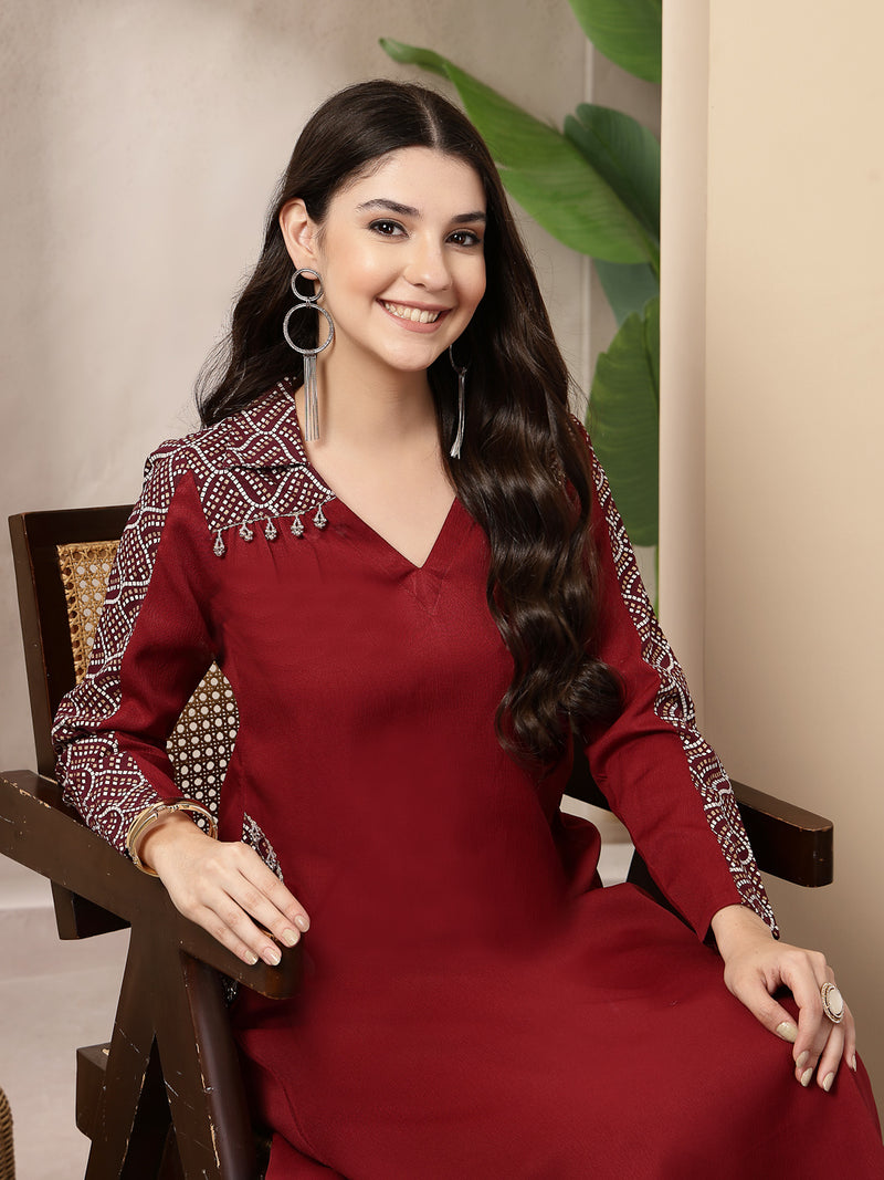Stylum Women's Maroon Solid Crepe A-Line Kurta Pant Set (KPMAROONKOTA)