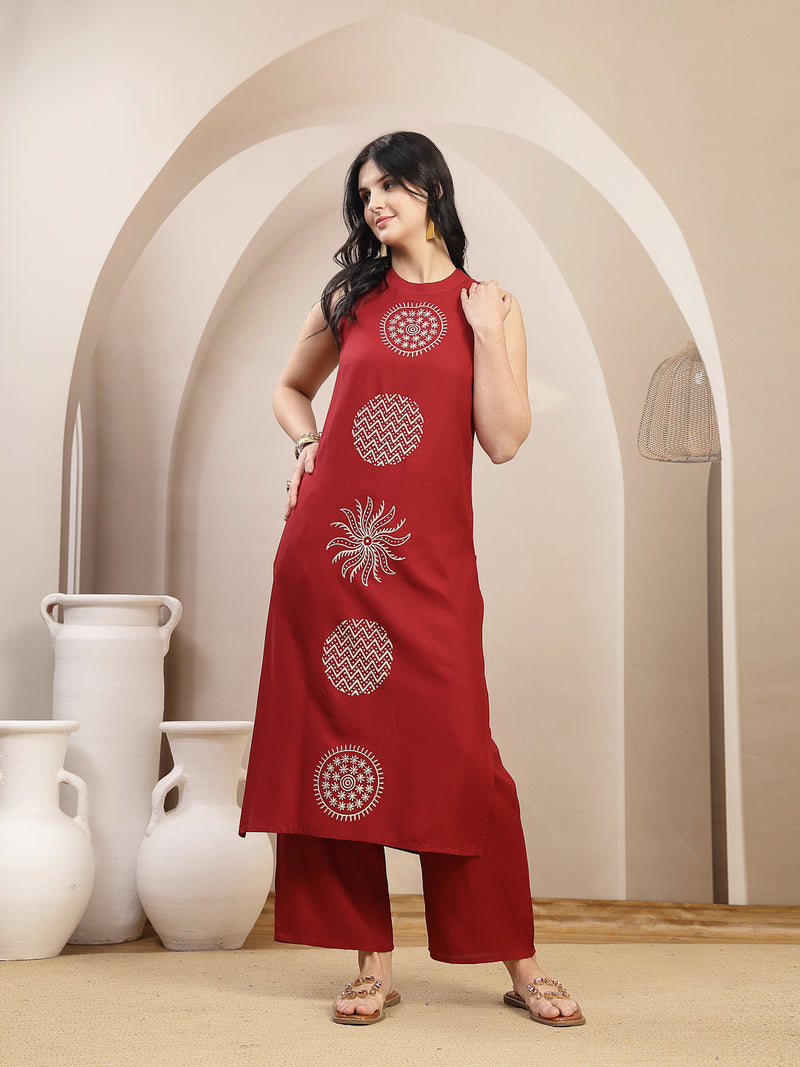 Stylum Women's Maroon Solid & Embroidered Rayon Straight Kurta Pant Set (KPMAROONKUFRI)