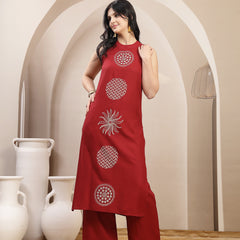 Stylum Women's Maroon Solid & Embroidered Rayon Straight Kurta Pant Set (KPMAROONKUFRI)