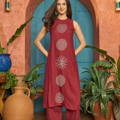 Stylum Women's Maroon Solid & Embroidered Rayon Straight Kurta Pant Set (KPMAROONKUFRI)
