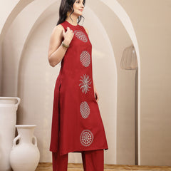 Stylum Women's Maroon Solid & Embroidered Rayon Straight Kurta Pant Set (KPMAROONKUFRI)
