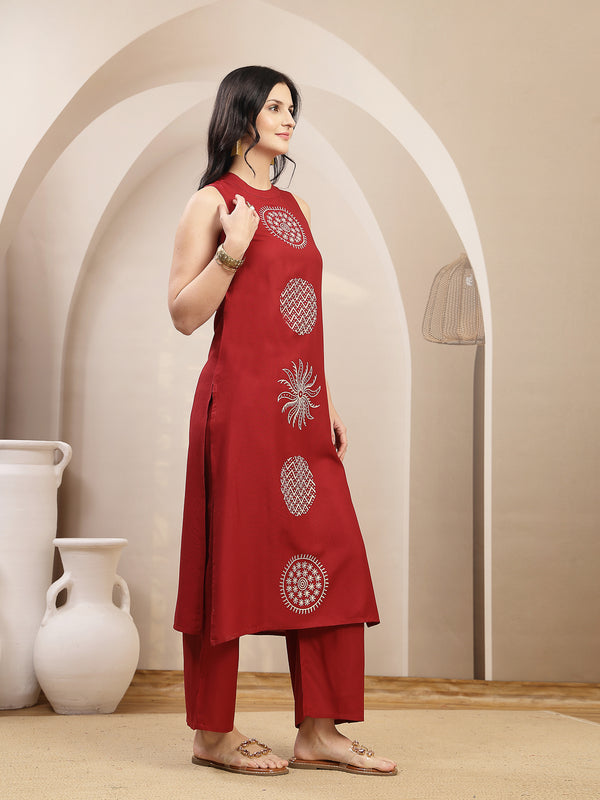 Stylum Women's Maroon Solid & Embroidered Rayon Straight Kurta Pant Set (KPMAROONKUFRI)