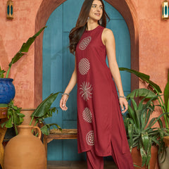 Stylum Women's Maroon Solid & Embroidered Rayon Straight Kurta Pant Set (KPMAROONKUFRI)