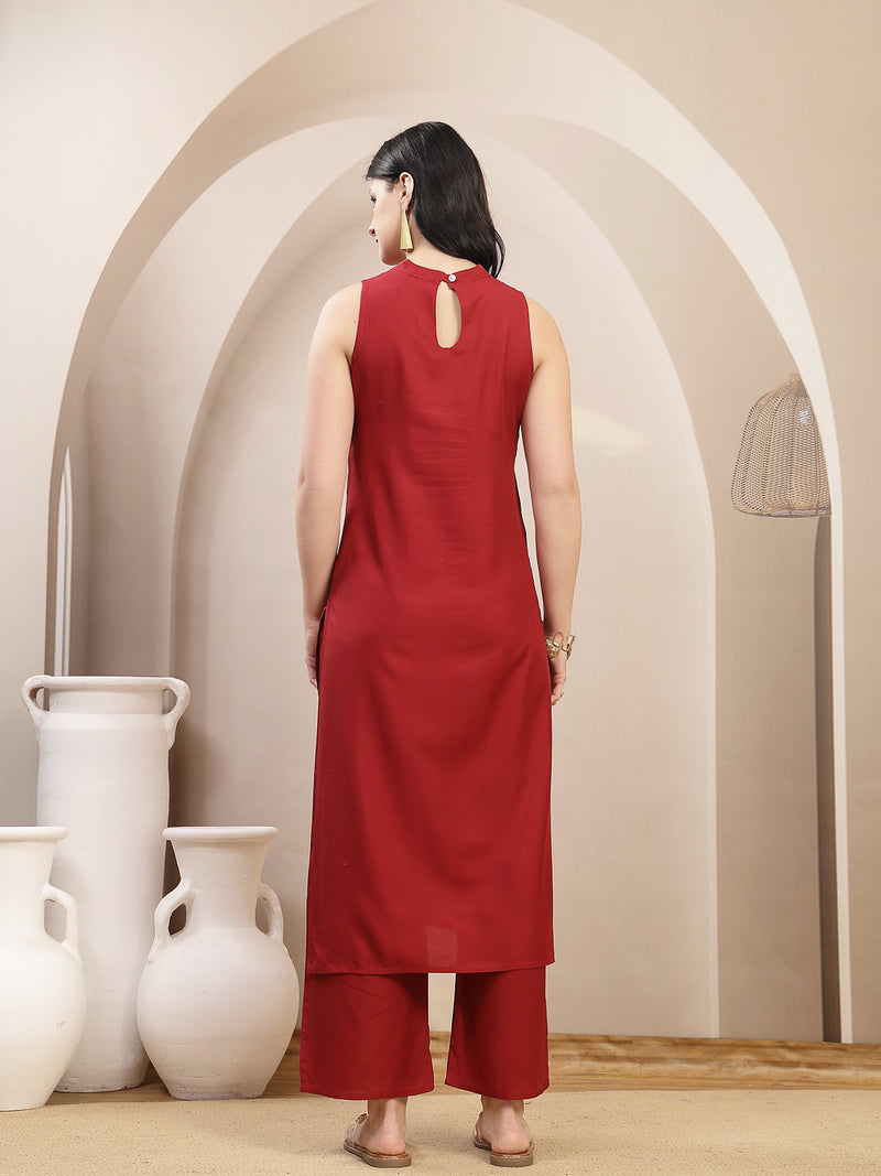 Stylum Women's Maroon Solid & Embroidered Rayon Straight Kurta Pant Set (KPMAROONKUFRI)