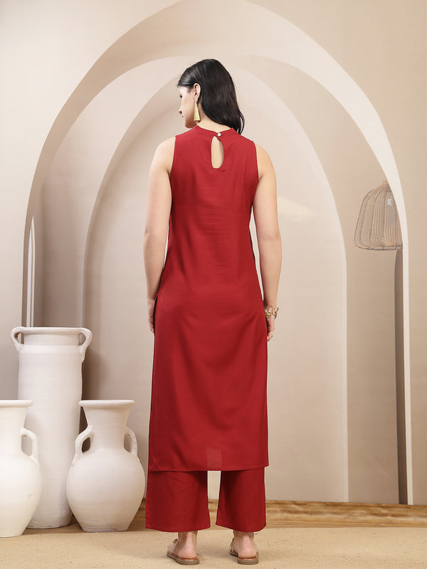 Stylum Women's Maroon Solid & Embroidered Rayon Straight Kurta Pant Set (KPMAROONKUFRI)