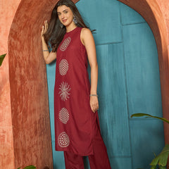 Stylum Women's Maroon Solid & Embroidered Rayon Straight Kurta Pant Set (KPMAROONKUFRI)