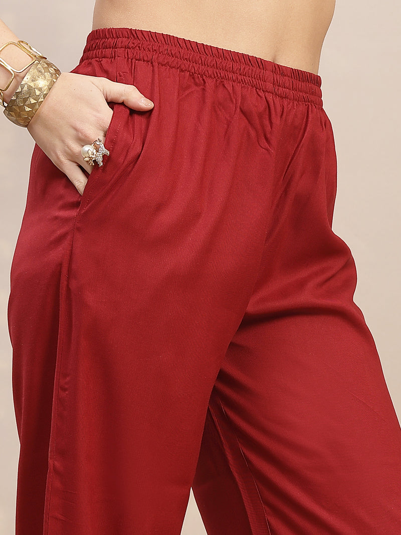 Stylum Women's Maroon Solid & Embroidered Rayon Straight Kurta Pant Set (KPMAROONKUFRI)
