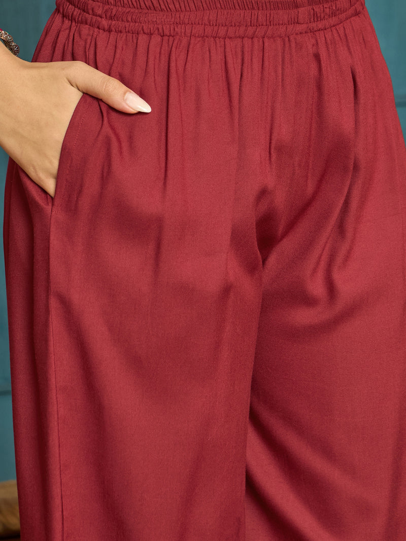 Stylum Women's Maroon Solid & Embroidered Rayon Straight Kurta Pant Set (KPMAROONKUFRI)