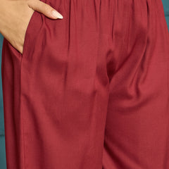 Stylum Women's Maroon Solid & Embroidered Rayon Straight Kurta Pant Set (KPMAROONKUFRI)