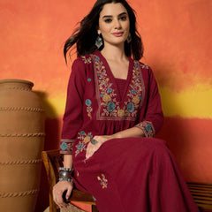 Stylum Women's Maroon Solid & Embroidered Cotton Flex A-Line Kurta Palazzo Set (KPMAROONSOHIM)