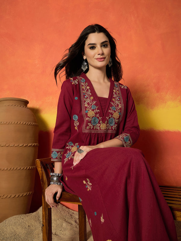 Stylum Women's Maroon Solid & Embroidered Cotton Flex A-Line Kurta Palazzo Set (KPMAROONSOHIM)