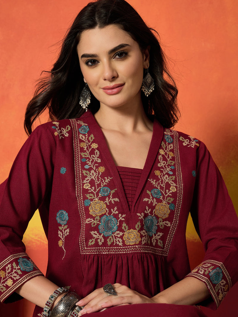 Stylum Women's Maroon Solid & Embroidered Cotton Flex A-Line Kurta Palazzo Set (KPMAROONSOHIM)