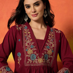 Stylum Women's Maroon Solid & Embroidered Cotton Flex A-Line Kurta Palazzo Set (KPMAROONSOHIM)
