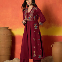 Stylum Women's Maroon Solid & Embroidered Cotton Flex A-Line Kurta Palazzo Set (KPMAROONSOHIM)