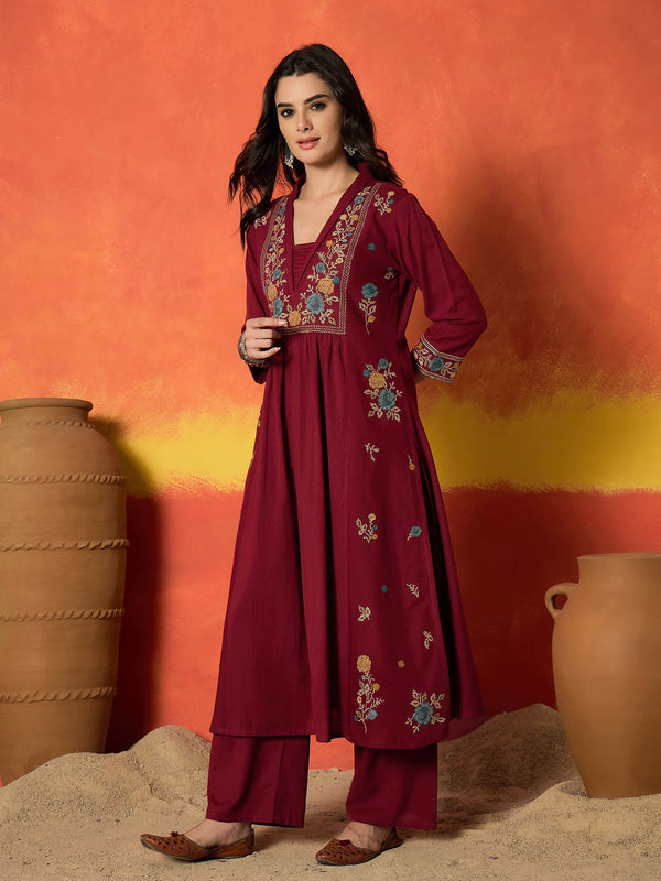 Stylum Women's Maroon Solid & Embroidered Cotton Flex A-Line Kurta Palazzo Set (KPMAROONSOHIM)