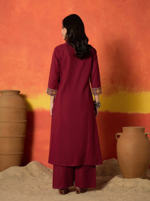 Stylum Women's Maroon Solid & Embroidered Cotton Flex A-Line Kurta Palazzo Set (KPMAROONSOHIM)