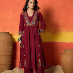 Stylum Women's Maroon Solid & Embroidered Cotton Flex A-Line Kurta Palazzo Set (KPMAROONSOHIM)